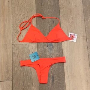 Bright coral plumeria bikini